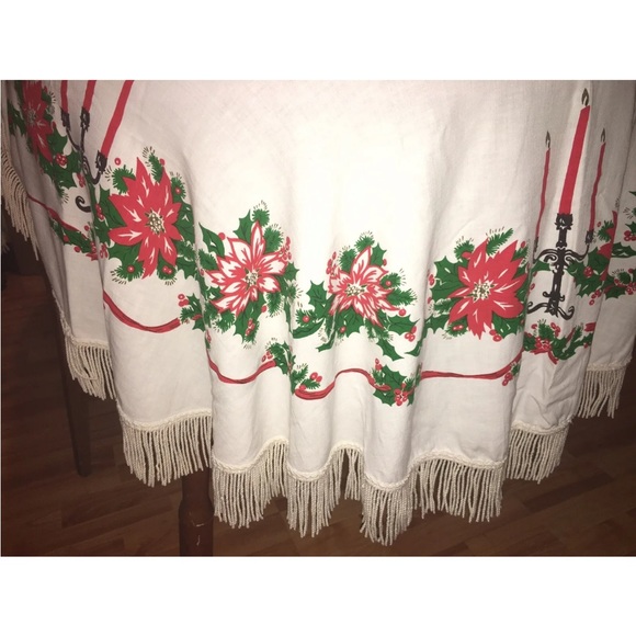 Vintage Christmas Tablecloth Cotton Fringed 55” Round Poinsettias Candelabras - Picture 8 of 8
